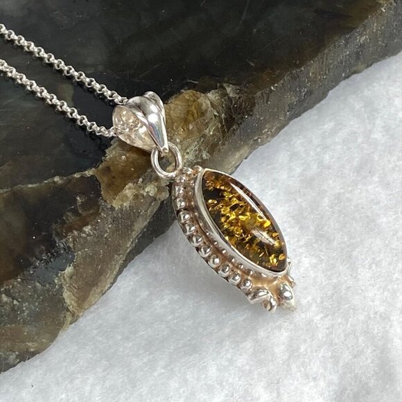 Sterling Silver 925 Baltic Amber Cabochon Pendant Necklace 18" Rolo Chain - Picture 5 of 16